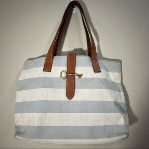 Fossil Rachel Blue Gray /Cream Coated Canvas KEY Leather Shoulder Tote Bag